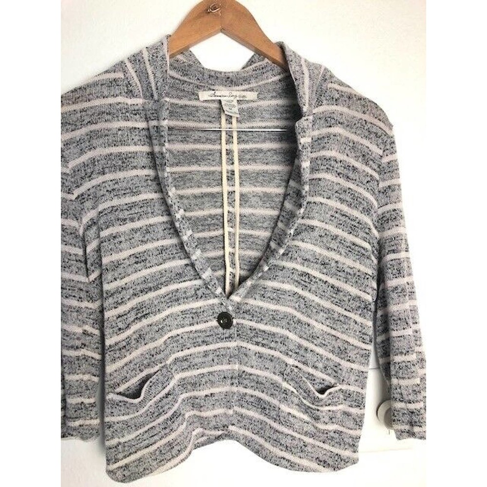 American Rag Sweater Women’s Medium Cardigan Knit Gray Striped Button 3/4 Sleeve